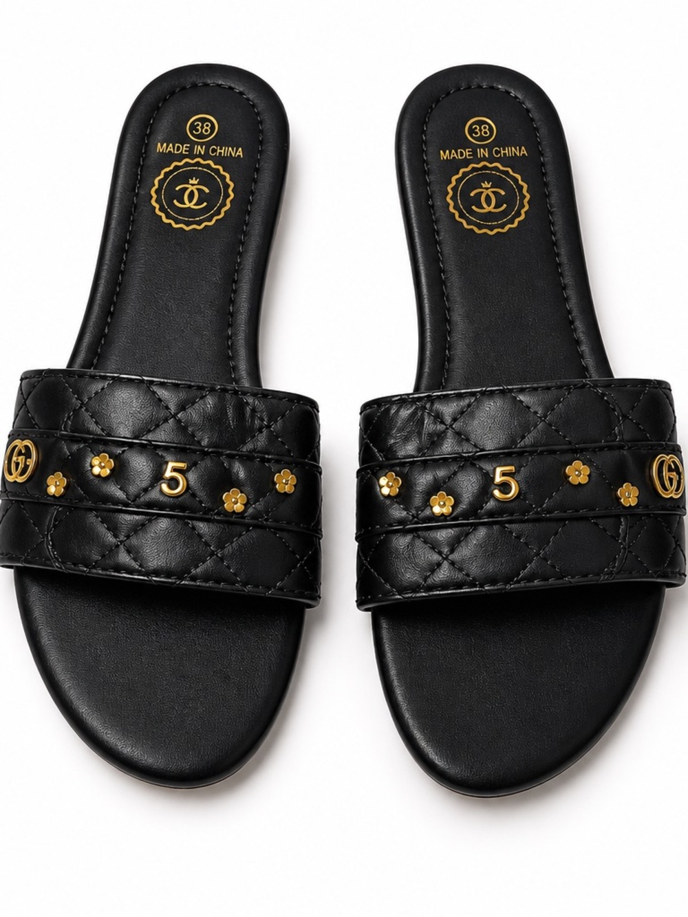 Black Quilted Slide Sandals with Gold Floral Studs